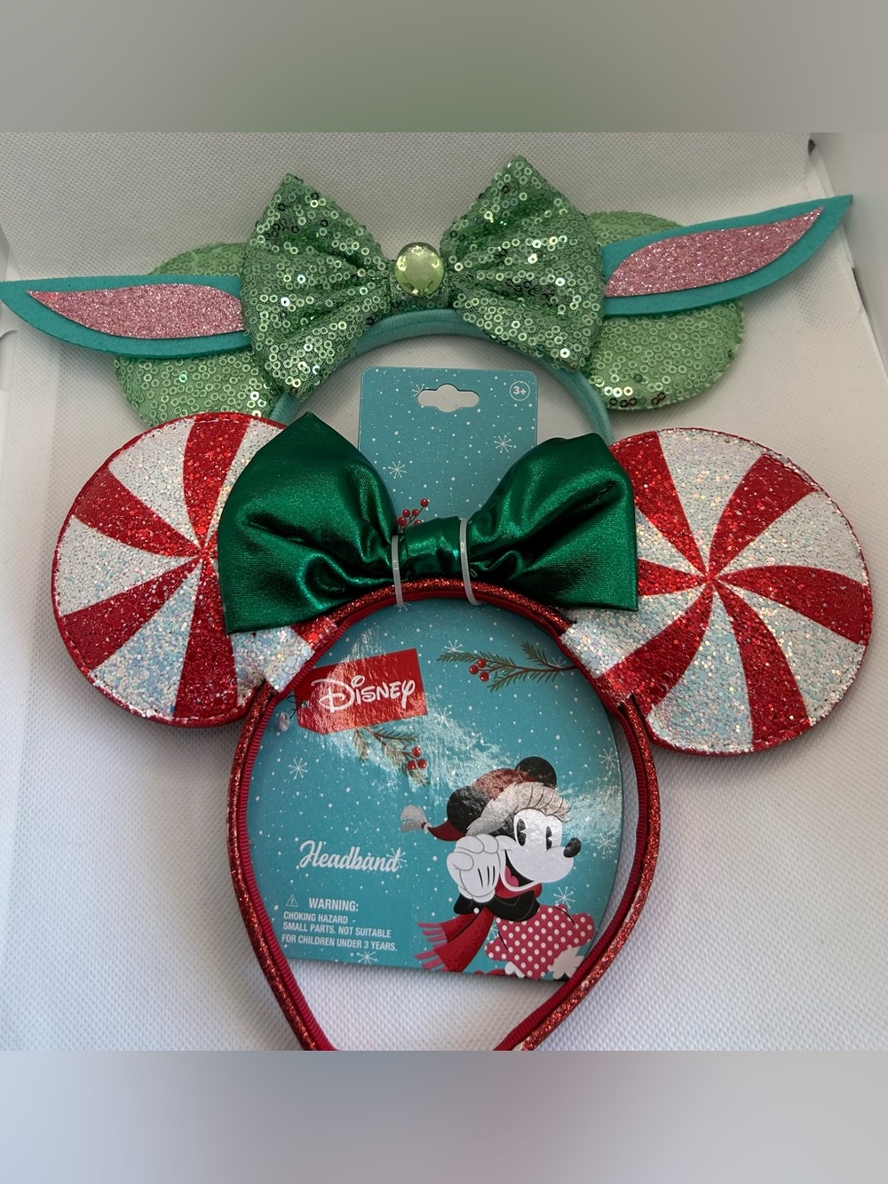 Disney Minnie Mouse Ear Headbands set of 2 Holiday and Yoda Sequin Glitter